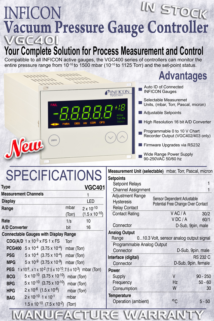 INFICON VGC401, VGC 401, Single Channel Vacuum Pressure Gauge