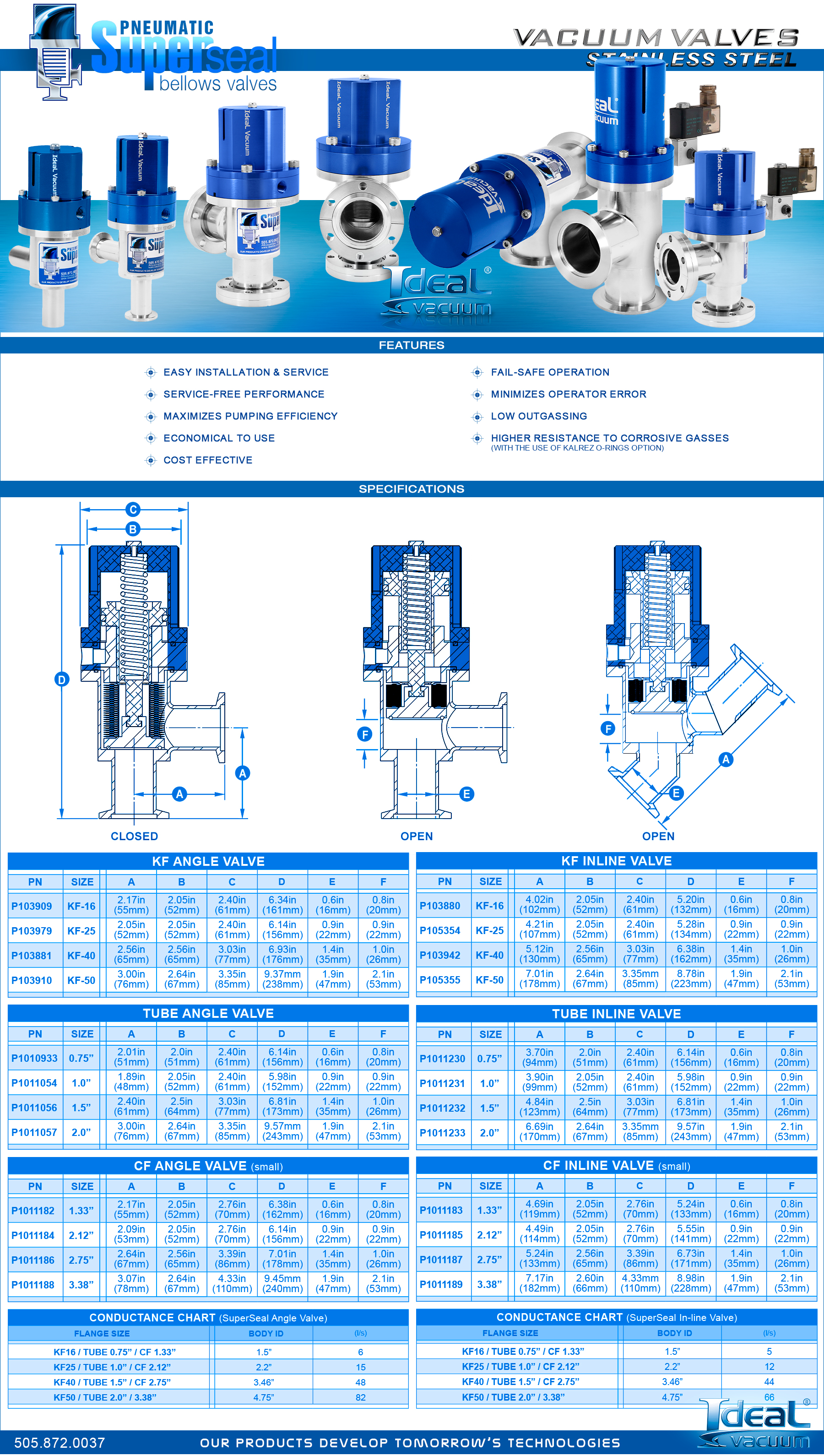 Ideal Vacuum Super-Seal Pneumatic Bellows Valves, Air to Open Spring to Close, Specifications