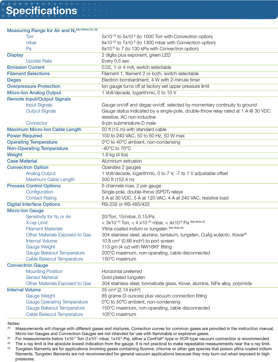 MKS Granville-Phillips 355 Micro-Ion Gauge Series Specifications